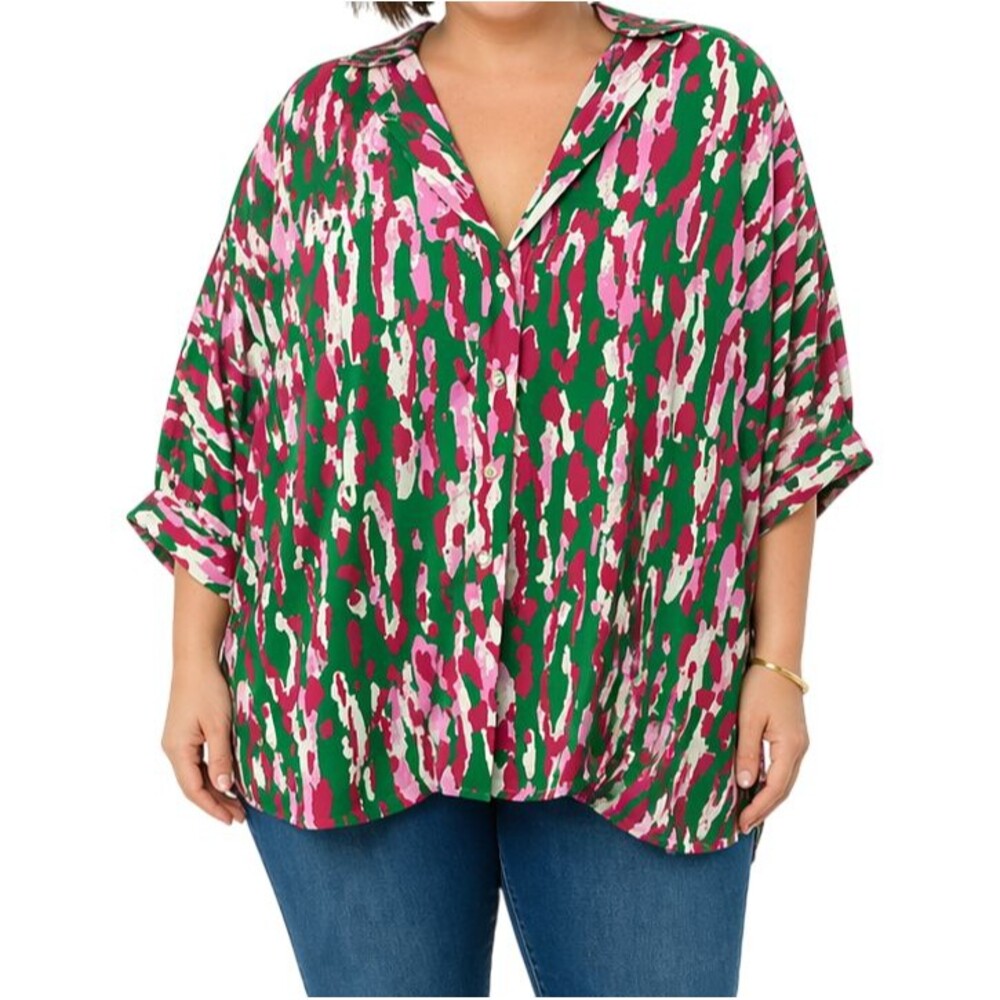 NEW Adrienne Button Up Shirt Womens Plus 1X Berry Forest Arizona Oversized Top